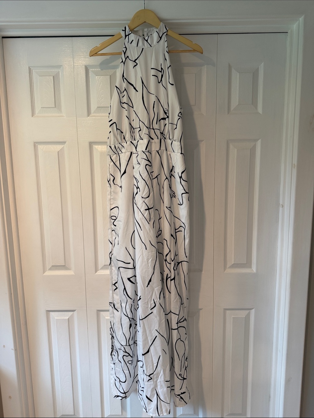 Women’s White Halter Wide Leg Romper with Black Abstract Print